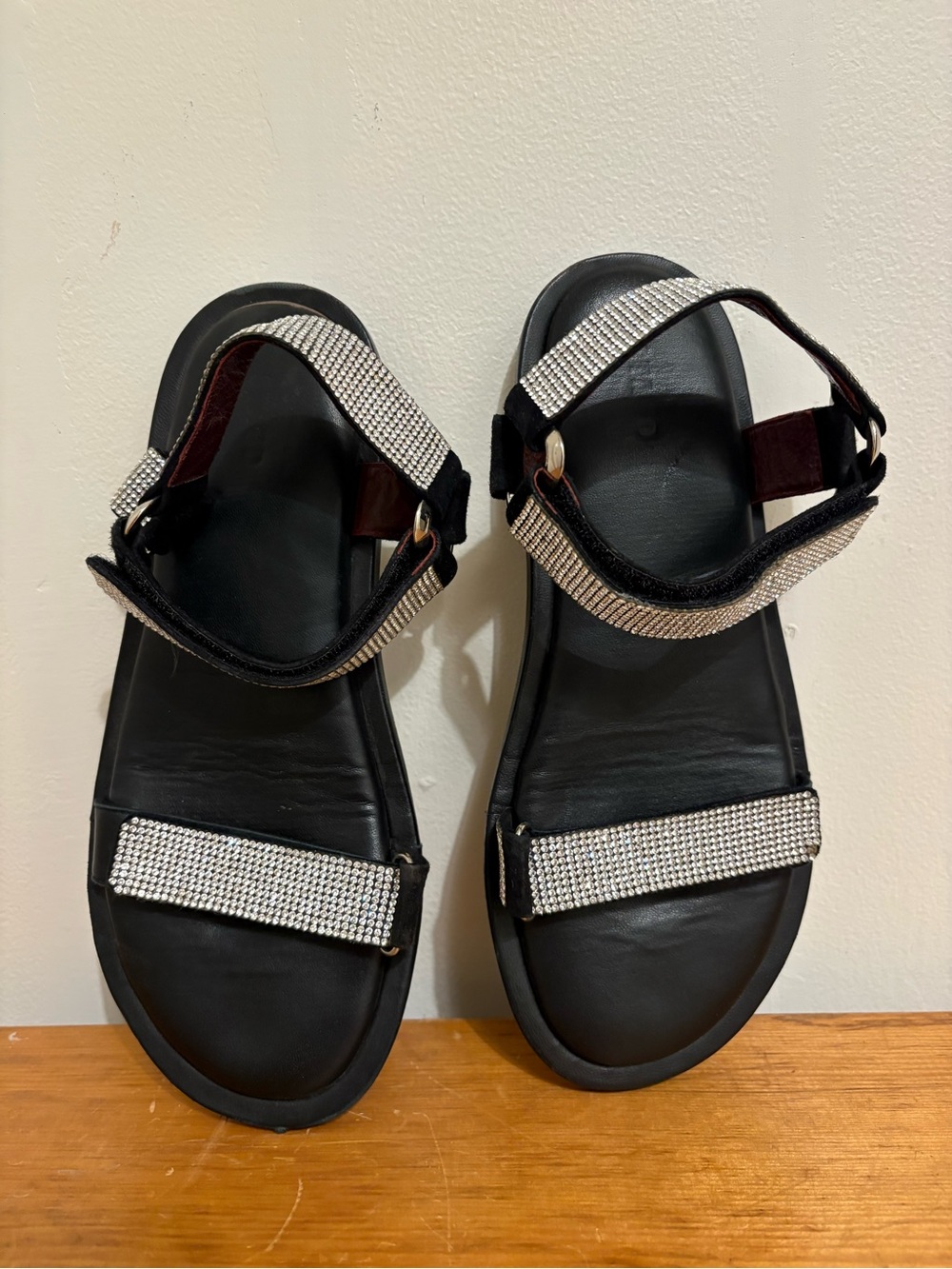 Staud black Napa leather sandals with diamond studs